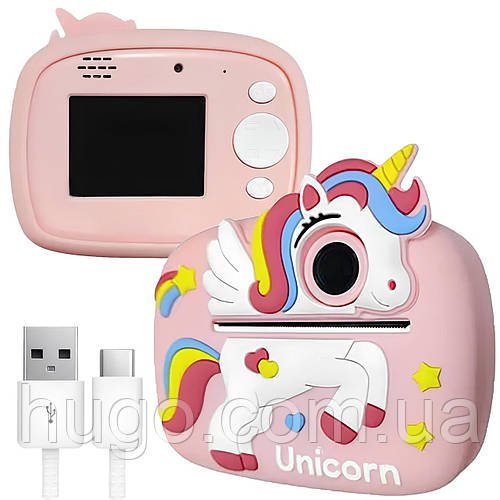 Фотоапарат миттєвого друку для дітей Єдиноріг (рожевий, з крилами), USB / Дитяча фотокамера миттєвого друку