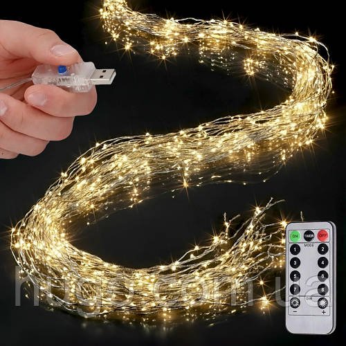 Гірлянда від USB, 5м, 1000LED, 20 ниток, Кінський хвіст + Пульт, Теплий білий/ Новорічна гірлянда пучок / Гірлянда на ялинку