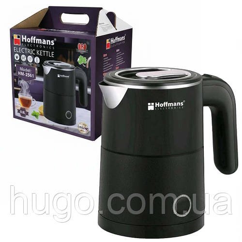 Електрочайник 0.8L, 1000W, Hoffmans HM-2561, Чорний / Електричний чайник кухонний / Міні електрочайник дорожній