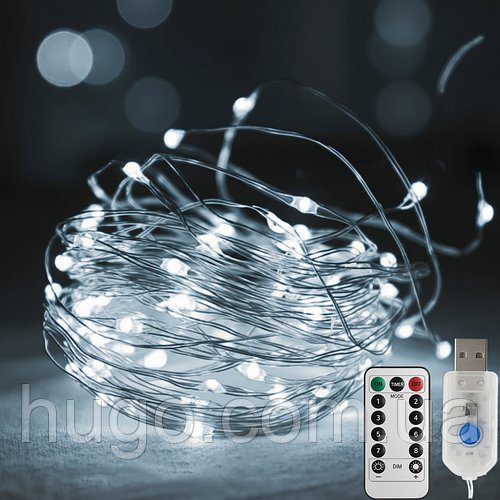 Гірлянда нитка Роса від USB, 20м, 200LED + пульт, Білий / Світлодіодна гірлянда новорічна / LED гірлянда