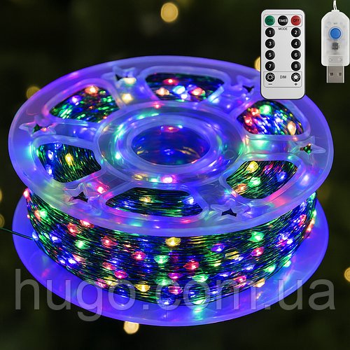 Гірлянда від USB, 200м, 2000LED, зелений провід + пульт, Мікс / Новорічна гірлянда на ялинку / Гірлянда ніть