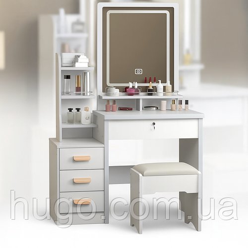 Туалетний столик з дзеркалом та пуфиком, 125х80х36 см, STL-MD 86 / Трюмо з дзеркалом / Косметичний столик / Макіяжний стіл