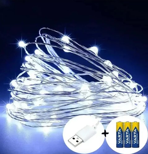Гірлянда світлодіодна 2в1 на батарейках і USB 100 LED 10 метрів холодний білий