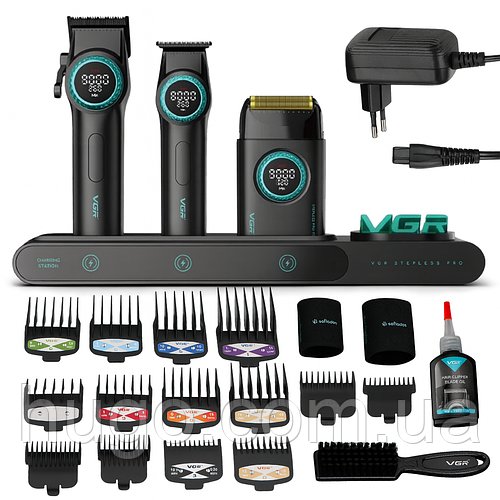 Комплект для стрижки 3в1 із зарядною станцією + 14 насадок, VGR STEPLERSS, Чорний / Машинка для стрижки / Тример чоловічий /