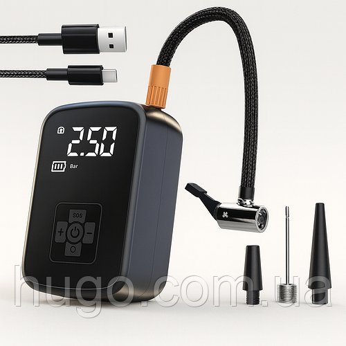 Портативний компресор для авто з акумулятором 1800 мАг, USB-зарядка та 3 адаптери / Портативний автокомпресор / Компресор для шин