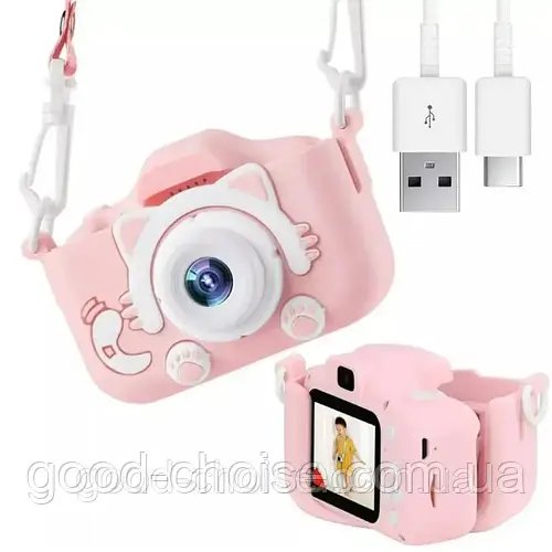 Дитячий фотоапарат з USB, ET015 Cat, з ремінцем та чохлом, Рожевий / Фотоапарат цифровий / Дитяча камера