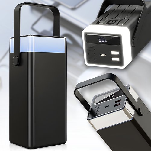 Портативний повербанк 60000 мАг з вбудованими кабелями, ліхтариком та RGB-підсвіткою Type-C | USBх2 Чорний