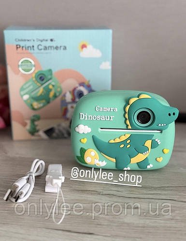 Дитячий фотоапарат миттєвого друку Children's Printing Camera D1-A  Динозавр з підтримкою microSD card 2 камери Green