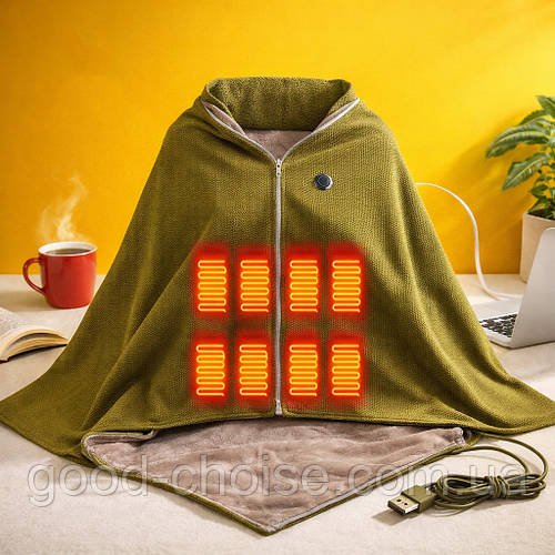 Електроплед від USB, 150х80 см, із застібкою, 3 режими, Зелений / Електроковдра / Ковдра з підігрівом / Плед з підігрівом