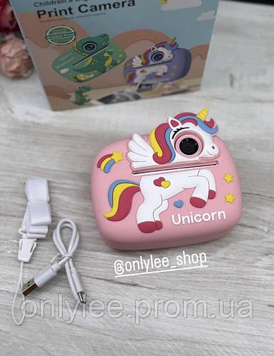 Дитячий фотоапарат миттєвого друку Children's Printing Camera D1-A  Динозавр з підтримкою microSD card 2 камери Pink Unicorn