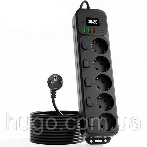 Мережевий фільтр 1,5м з годинником (3хUSB-A, 2хType-C, 5х220В) / Подовжувач електричний / Перенесення з незалежними вимикачами
