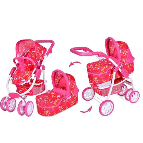 Коляска для ляльок Melogo (трансформер, висота 66см, поворотні колеса, люлька-переноска, кошик) 9662M Рожева