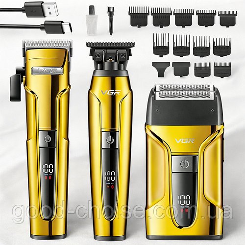 Тример VGR V-694 Gold 3в1, 11 насадок / Чоловічий тример / Машинка для стрижки волосся / Електробритва