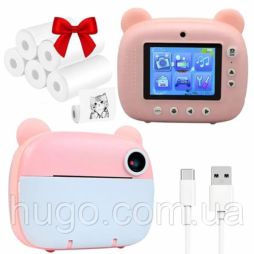 Дитячий фотоапарат миттєвого друку + Термопапір для міні принтера 5шт / Фотокамера