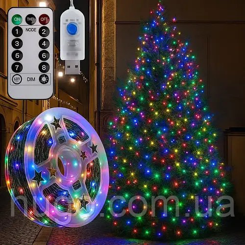 Гірлянда від USB, 100м, 1000LED, зелений провід + пульт, Мікс / Новорічна гірлянда на ялинку / Гірлянда ніть