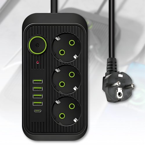 Мережевий подовжувач 2 м із захистом від перевантажень і вимикачем 4хUSB | Type-C | 3х220V F09U