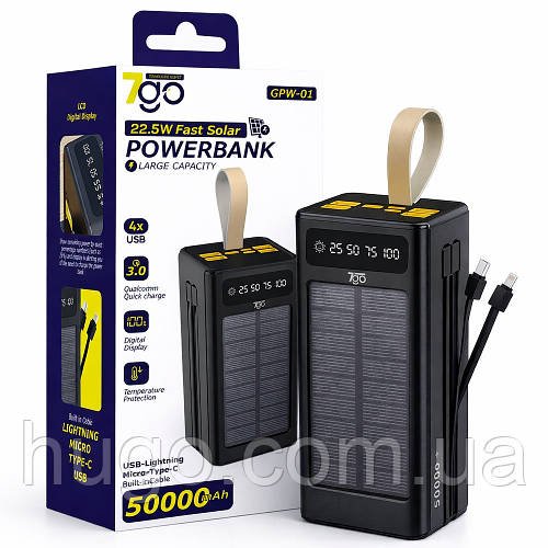 Повербанк 50000mAh сонячна панель ліхтарик PD 22,5W швидка зарядка 4 USB 7GO GPW-01 / Power Bank / АКБ зовнішній