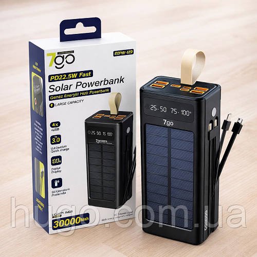 Повербанк на сонячній панелі, 30000 мАг, 22,5 Вт7GO GPW-09 / Power Bank / Павербанк / Зовнішній акумулятор