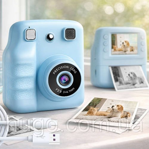 Фотоапарат для дітей з миттєвим друком, від USB + 1 термопапір, Блакитний / Дитяча фотокамера / Фотоапарат дитячий