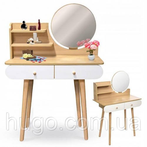Туалетний столик із круглим дзеркалом, 120х80х40 см, Bonro B063 / Косметичний столик із дзеркалом / Стіл із дзеркалом для макіяжу