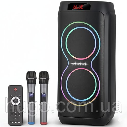 Портативна акустична колонка + 2 мікрофона, 80Вт, Bluetooth, ZXX-5550 / Караоке колонка / Акумуляторна колонка з підсвіткою