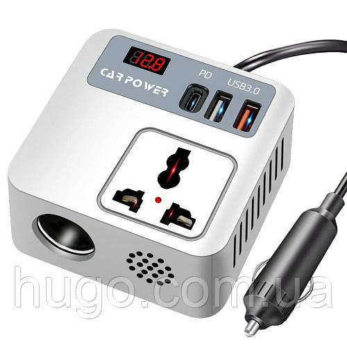 Автомобільний інвертор від прикурювача 150Вт, (2хUSB, Type-C) / Перетворювач напруги в авто