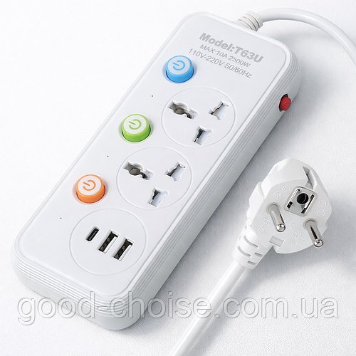 Мережевий фільтр подовжувач 1.8м, 2х220В, 2хUSB + 1хType-C, 2500Вт, T63U / Переноска з юсб / Мережевий подовжувач з вимикачем