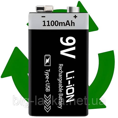 Акумулятор, що перезаряджається 9V Крона Li-Ion 1100 мАч з Type-C  Чорний