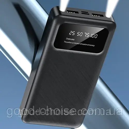 Павербанк 20000 мАг, 2xUSB, P-20, Чорний / Зовнішній акумулятор / Power bank з ліхтариком