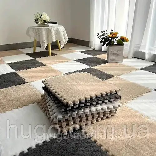 Килимок пазл з ворсом 24шт, 30×30см, Білий – бежевий – сірий / Дитячий килим пазл плюшевий / Килимок пазли