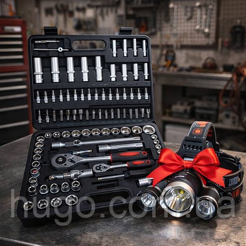 Набір інструментів 108 предметів у кейсі + Налобний ліхтар RJ-3000 / Великий набір ручного інструменту з тріскачкою