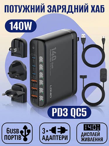 Зарядний пристрій LDNIO A6140C 140W GAN PowerDisplay (PPS PD3.0 QC5) 3C+3A + кабель 100W 1m Black