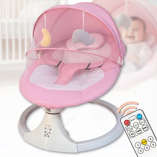 Електричний дитячий шезлонг-гойдалка з москітною сіткою, пультом ДК та таймером Рожевий
