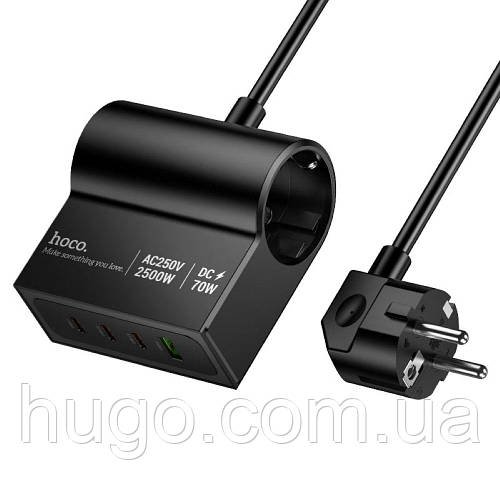 Мережевий фільтр-подовжувач 70W, 1,5м (1 × USB-A, 3 ×Type-C, 2 розетки), Hoco AC34 / Мережевий подовжувач / Електричний подовжувач