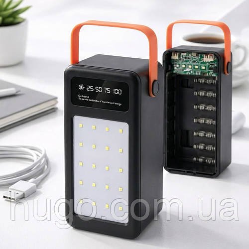 Бокс для повербанка 28х18650, 22,5W, (USB Type-C Lightning) з ліхтариком S28, Чорний / Корпус Power Bank