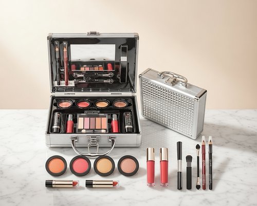 Набір декоративної косметики в алюмінієвому кейсі з дзеркалом Makeup set MC1488 Сріблястий YU227