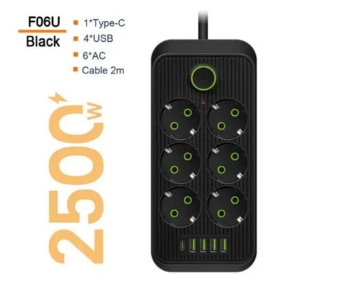Мережевий фільтр (подовжувач) Power Socket F06U — 6 розеток, 4 USB + Type-C (Чорний) SN27