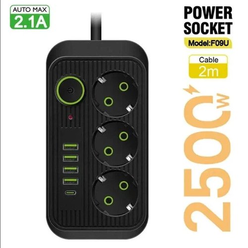 Мережевий фільтр (подовжувач) Power Socket F09U — 3 розетки, 4 USB + Type-C (Чорний) SN27
