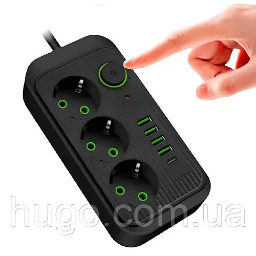 Мережевий фільтр 5м, (3×220В + 4×USB + Type-C), Тк-3, Чорний / Електричний подовжувач / Переноска розетка
