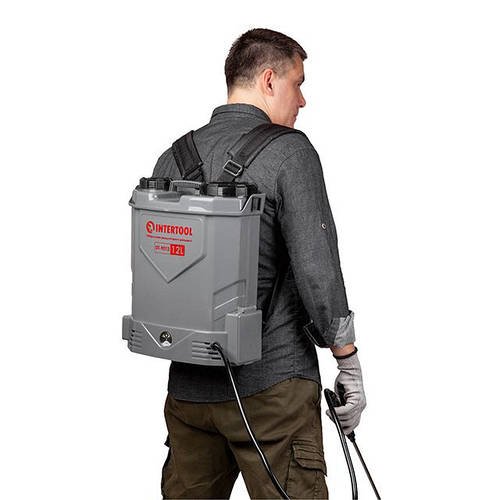 Обприскувач акумуляторний ранцевий 12 л, 3.1 л/хв, батарея 12 В/8 А·год INTERTOOL DT-9012